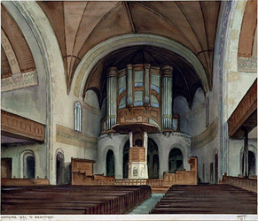 XVIII-4-06 Interieur van de Koninginnekerk aan de Boezemsingel naar de preekstoel en orgel gezien.