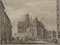 XVIII-51 Gezicht op de Grote Kerk uit het oosten van de Boerenvismarkt af.
