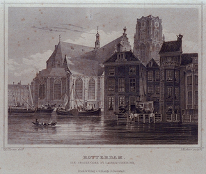 XVIII-76 De Grote- of Sint-Laurenskerk, aan de Binnenrotte.Rechts: achterzijde huizen aan de Oppert.