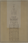 XVIII-86 De Grote Kerktoren.Afbeelding van het bovenstuk van de toren met aanduiding van de jaren van de bouw der ...