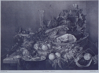 XXI-44 Steendruk van een schilderij van J. de Ham voorstellende een stilleven (verbrand in het Museum Boymans in 1864).