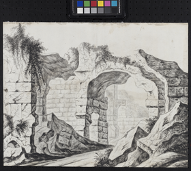 XXIX-64-1 Gefantaseerde voorstelling van de ruïne van het Hof van Weena aan de oostzijde.