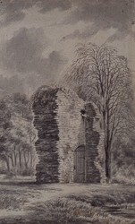 XXIX-65-3 Gefantaseerde voorstelling van de ruïne van het Slot Weena in een tuin tussen de Schie en Raampoortlaan.