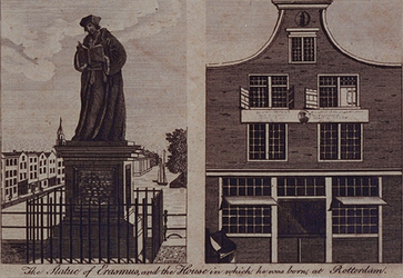 XXV-756 Standbeeld van Eramus op de Grotemarkt (rechts). Huisje van Erasmus (geboortehuis) in de Wijde Kerksteeg (links).