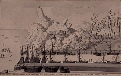 XXXI-140-01 2 januari 1565IJsberg op het westerhoofd te Delfshaven, veroorzaakt door kruiend rivierijs. Op het paneel ...