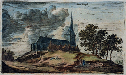 XXXI-208 Gezicht op de Nederlandse Hervormde Kerk Den Bergh op de heuvel of de terp, uit het noordoosten.
