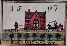XXXI-332-1 Voorgevel en gevelsteen van de herberg In den Rustwat aan de Honingerdijk te Kralingen.3 tekeningen op één ...