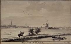 XXXI-377-1 Overschie vanaf de Rotterdamse Schie, rechts Kleinpolderwipwatermolen (zuidelijk van de Rotterdamse Schie).