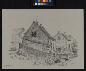 XXXI-469-03 Gezicht op de achterzijde van huizen in de Dorpsstraat en de toren van de Ned.Herv.Kerk, vanaf de ...