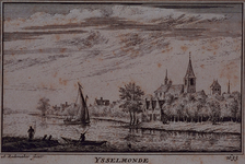 XXXI-612 Nederlands-Hervormde Adriaen Janszkerk te IJsselmonde met omgeving, gezien over de Nieuwe Maas. Onder de prent ...