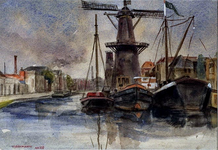 XXXI-718-00-01-2 Gezicht op de Noordvestgracht met de molen De Vrijheid in Schiedam.