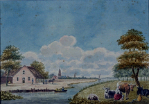 XXXII-10-1 Hollands landschap met onder andere een boerderij, een kerkje, een molen en een melkende boerin.