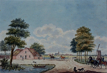 XXXII-10-2 Hollands landschap met onder andere een boerderij, een molen en op de achtergrond een dorpje .