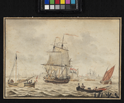 XXXII-29 Op het water schepen die de Hollandse vlag voeren. In de verte vage omtrekken van Rotterdam ? zeer ...