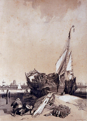 XXXII-36 Gezicht op het schip met op de achtergrond Dordrecht.