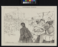XXXIII-144 Politieke prent op de bootwerkersstaking van 1896. Een groep vrouwen staat tegenover de Rotterdamse schutterij.