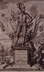 XXXIII-2-01 1489Jonker Frans van Brederode als ridder op voetstuk met vaandels, pieken, kanon en trom als decor. Op de ...