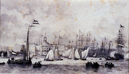 XXXIII-60-02 10 juni 1846Zeilvaartuigen en roeiboten voor het Yachtclubgebouw nabij de Veerhaven.