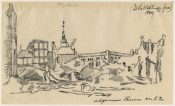 XXXIII-62-02-6 13 mei 1849 Ruïnes van de suikerraffinaderij van de heer P. Tromp aan de Leuvehaven, na de brand.