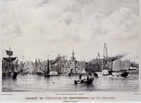 XXXIII-69 Muziekfeesten 1854Aankomst van stoomboten met feestvierenden aan het Oudehoofd. Rotterdam 10 july 1854.