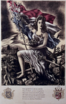 XXXIII-701-01 1945Symbolische voorstelling van de Nederlandse Maagd. Met op de achtergrond verwoest gebied waarbij de ...