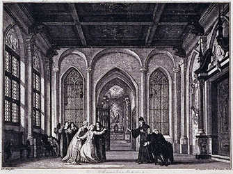 XXXIV-56 Afbeelding van De Kloosterkamer , 9e toneel van het 3° bedrijf uit het treurspel Melanie ov de rampzalige ...