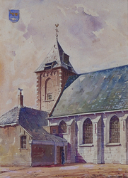 1971-2230 Gezicht op de Nederlands Hervormde Kerk aan de Ring te Pernis. Linksboven : het wapen van Pernis.