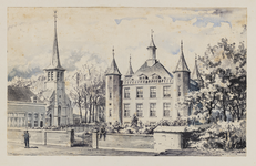 1971-2234 De Adriaan Janszkerk, de Nederlandse Hervormde kerk te IJsselmonde, en koetshuis van het slot.