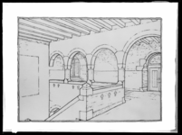 1978-3543 Afbeelding van een ontwerptekening van het interieur, een gallerij met een deel van het trappenhuis, voor het ...