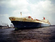 1982-3650 Het schip de Elbe Maru op de Nieuwe Maas ter hoogte van de Keilehaven. Op de achtergrond de kantoorgebouwen ...