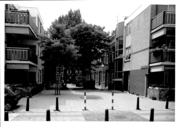 1986-413 Gezicht op de Drievrendendwarsstraat met op de achtergrond de Drievriendenstraat. Op de voorgrond Anna ...