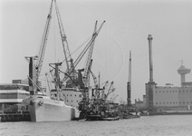 1990-2212 Gezicht op de Schiehaven met op de achtergrond de Euromast. Stukgoed overslag Wambersie.