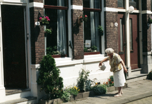 1992-4131 Geveltuintje in de Volmarijnstraat. Bewoonster begiet de planten.