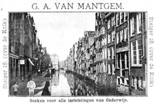 VII-489 Het Boerensteiger, gezien vanaf de Hoenderbrug.Op een reclamekaart van boekhandel G.A. van Mantgem op de Steiger 18.