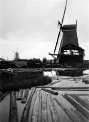 XXXI-447-01-3 Houtzaagmolen De Adelaar aan de Rotterdamse Schie, met links: de Oudendijkse bovenwatermolen.
