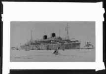1976-11977 Foto van een schets van door W.M. Birchall van het nieuwe vlaggenschip voor de Rotterdamsche Lloyd, dat na ...