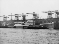 1976-14468 Het laden en lossen van een vrachtschip aan de zuidzijde van de Rijnhaven, bij de Holland Amerika Lijn.