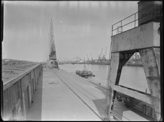 1976-5408 De westzijde van de Merwehavenkade, de oostelijke insteekhaven. De kranen op de kade zijn van het bedrijf ...