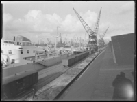 1976-5597 Schepen in de Merwehaven, aangemeerd langs de kade(n), hijskranen bij het goederenemplacement.
