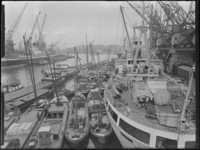 1976-6610 Overslag, kranen, schepen en binnenvaartschepen in de Merwehaven. Goederenoverslag bij Cornelis Swarttouw.