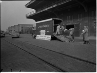 1976-7817 Paardentransport. Een paard stap in een veewagen op de Keilestraat in het het havengebied. Op een reclamebord ...