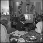10498 Enkele mensen zitten in huiskamer met een kat naar de televisie te kijken.