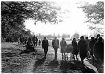 13159 Herfstsfeer-achtige foto van mensen die op een bospad lopen; molens 'De Lelie' en 'De Ster' links op de achtergrond.