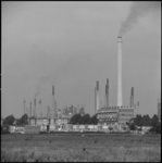 24951-1-5 Woningen in Hoogvliet-Noord tegen de achtergrond van de olieraffinaderij van Shell op de Vondelingenplaat.