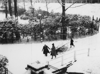 1977-3209 Een groepje mensen loopt met sprokkelhout door de sneeuw.