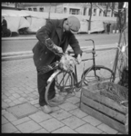 2004-2111-13 Een man bevestigt pas gekochte bloemen en struiken achter op zijn fiets op de voorjaarsbloemenmarkt op de ...
