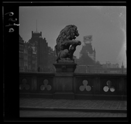 6970 Beeld van leeuw op de Regentessebrug over de Wijnhaven. Op de achtergrond het Witte Huis.