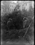 FD-3933 Verkoop van kerstbomen op een plein. Twee mannen met hoeden staan tussen opeengestapelde kerstbomen. Op de ...