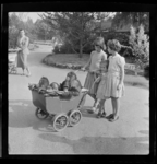 THO-439 In Diergaarde Blijdorp aan de Van Aerssenlaan lopen drie meisjes achter een kinderwagen waarin vier apen zitten.