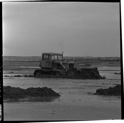 177-04 Bulldozer egaliseert opgespoten grond op de Maasvlakte. De Maasvlakte werd in de jaren '60 aangelegd omdat de ...